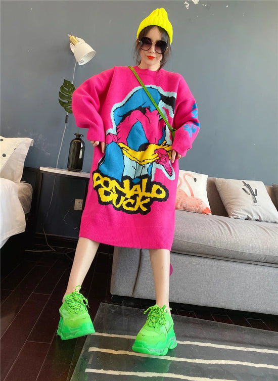 Korean Long-Sleeved Pullover Sweater Loose Fashion Women Autumn Winter Cartoon Embroidered Thickened Long Section Knitted Top SS69