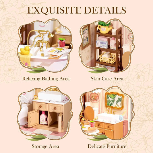 ROBOTIME DIY Miniature House Kit, Dollhouse Model Building Kit Birthday Creative Gifts for Adults, Kids (Pop Bubble Bathroom)