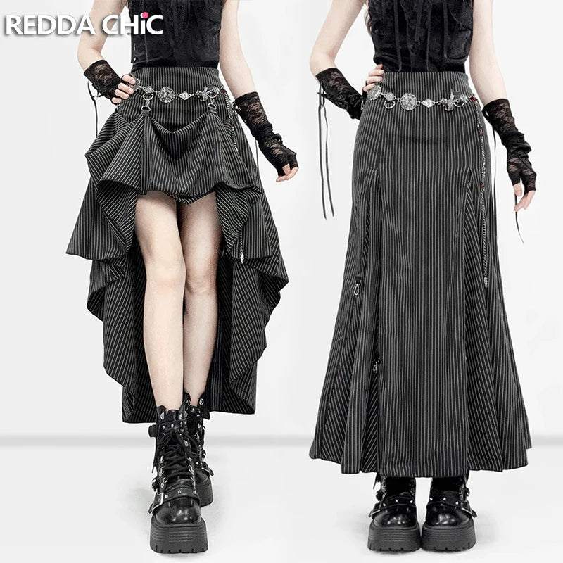 REDDACHiC Black Striped Suit Skirt Grunge Retro 3-Way Fishtail High-Low Maxi Long Train Skirt Gothic Woman Alternative Clothes