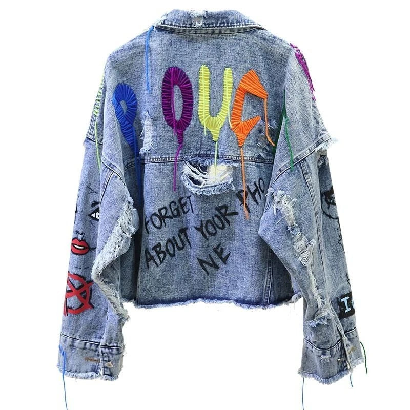 Spring Autumn Rivet Beaded Line Tassel Letter Graffiti Print Women Denim Jacket 2026 Casual Hole Denim Jacket Veste Femme