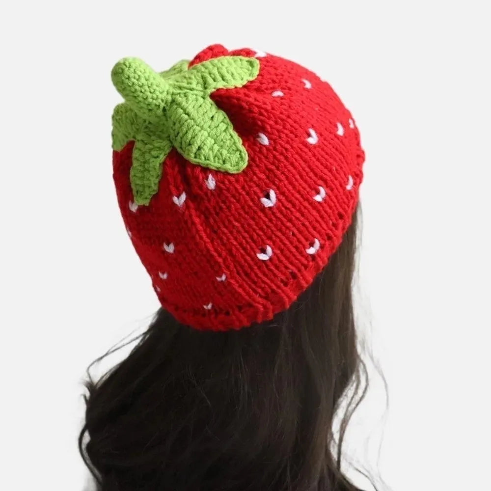 Crochet Strawberry Knit Hat - Warm Winter Beanie for Adults