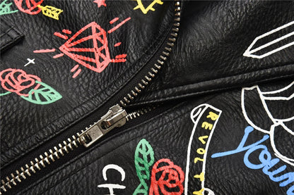 Fashion chain beading leather jacket Locomotive graffiti cartoon pu Leather Jacket female Punk Motorcyle Jacket with belt F2161 SS69