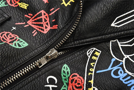 Fashion chain beading leather jacket Locomotive graffiti cartoon pu Leather Jacket female Punk Motorcyle Jacket with belt F2161 SS69