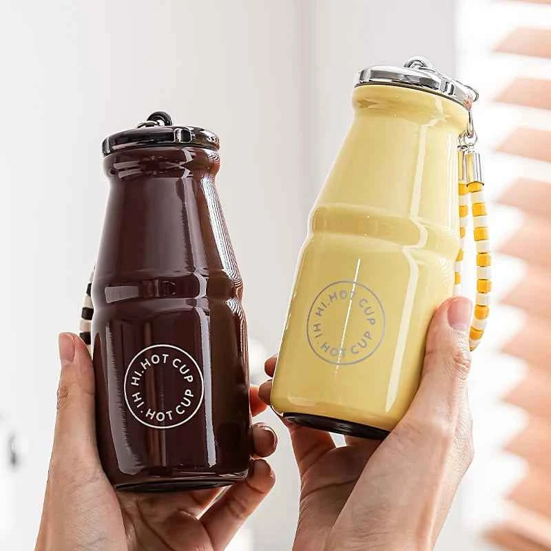 1pc Vintage Milk Coffee Cup 280ml Mini Stainless Steel Pocket Cup Portable Travel Lanyard Direct-Drinking Thermal Cup