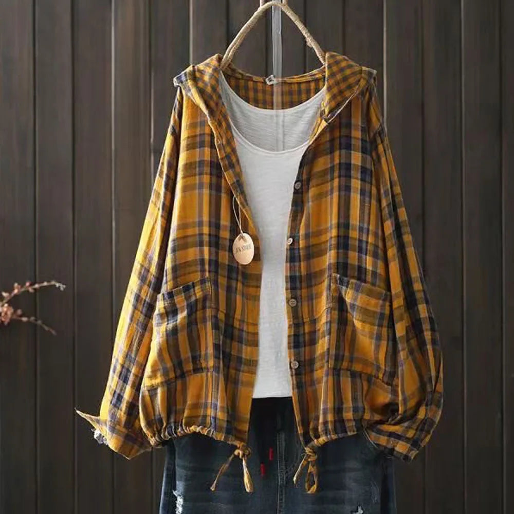 Large size blouses for women autumn spring hooded long sleeve single-breasted plaid shirts oversized shirt top female hoodies