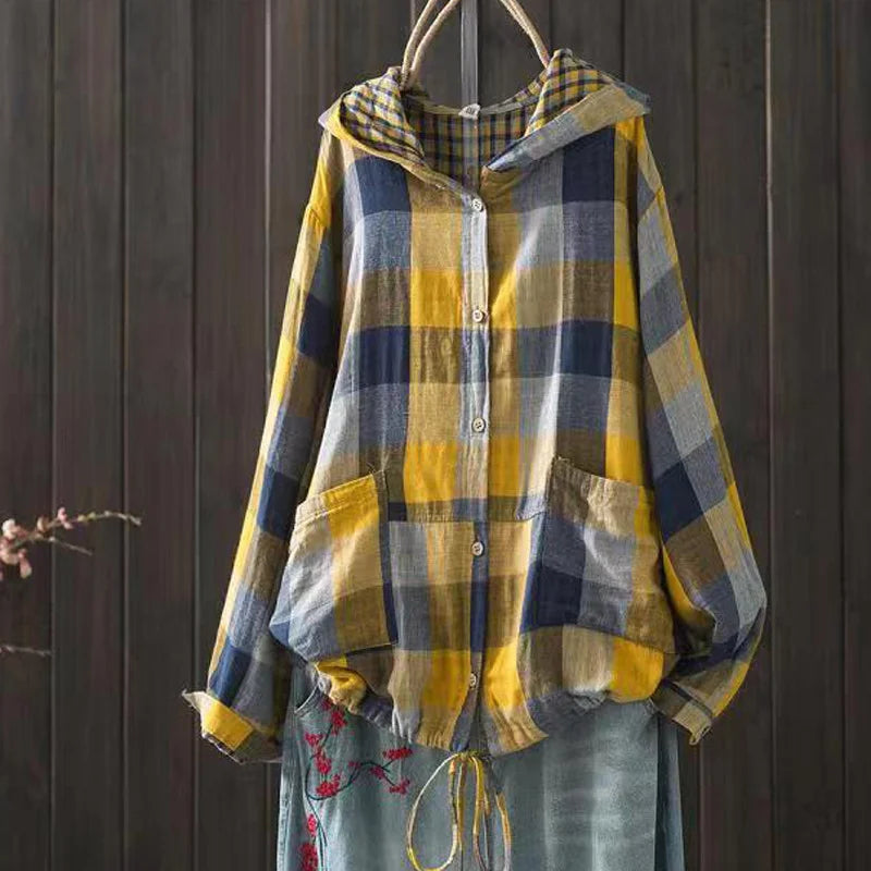 Large size blouses for women autumn spring hooded long sleeve single-breasted plaid shirts oversized shirt top female hoodies