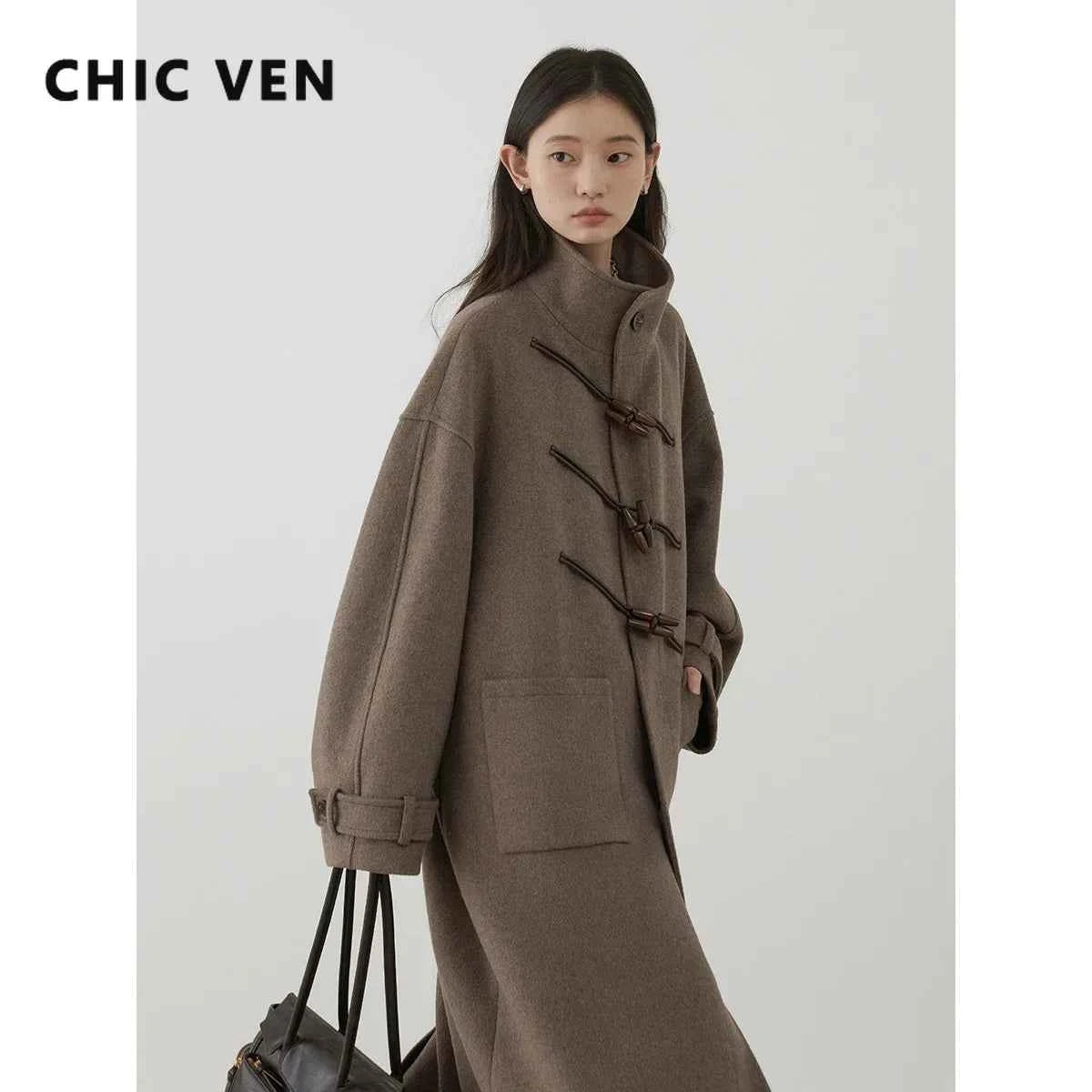 CHIC VEN Women Woolen Coats Fashion Retro Design Button Loose Long Overcoat Korean Female Clothing Autumn Winter New 2026