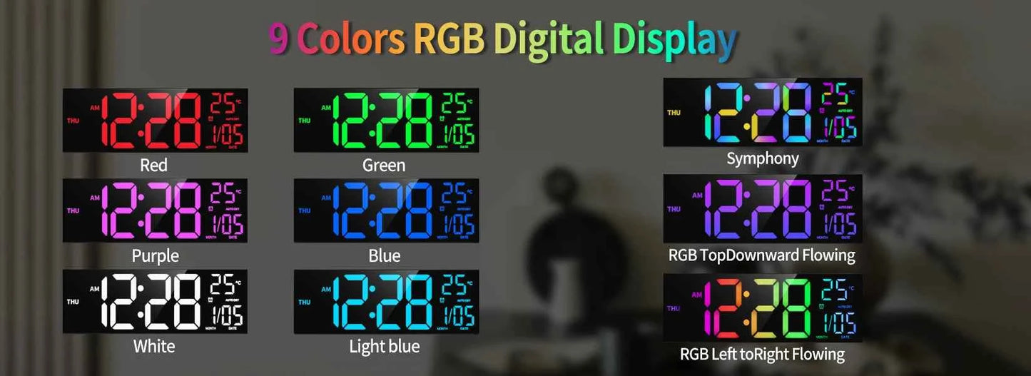 16" Large Digital Wall Clock, Big LED Display with Remote, 8 RGB Color, Alarm, DST, Temperature for Living Room, Kitchen