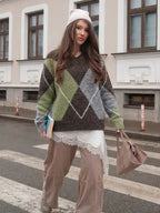 HH 2026 Spring Sweater For Women Elegant Fashion Diamond Plaid Knitted Pullover Sweater Loose Oversized High Street Lady Tops