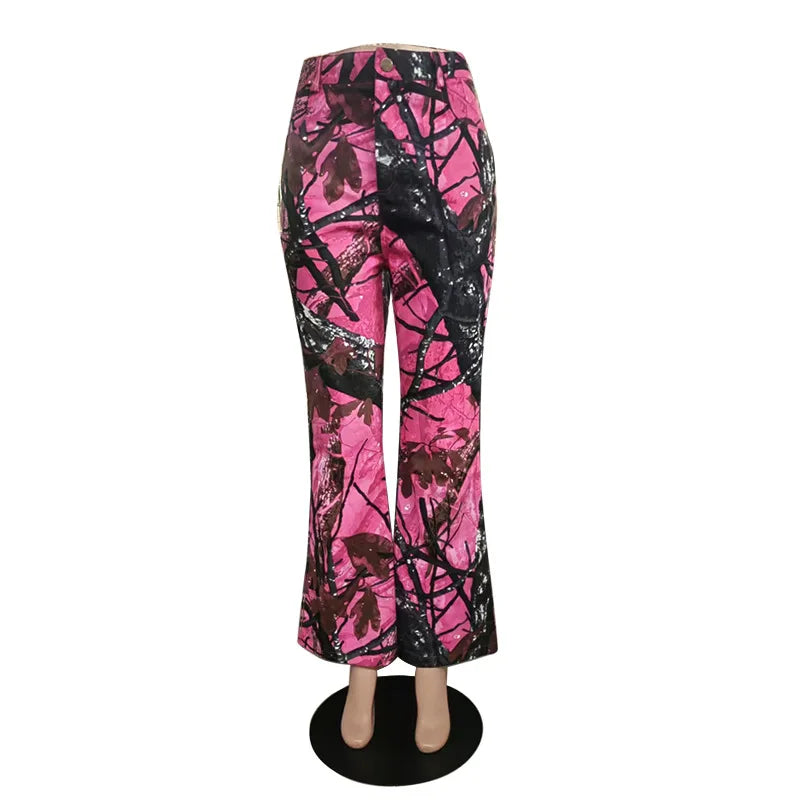 FAGADOER Pink Camouflage Print Pants Women Y2K Streetwear Button Pocket patchwork Straight Pants Hot girl Bottoms 2025 SS69