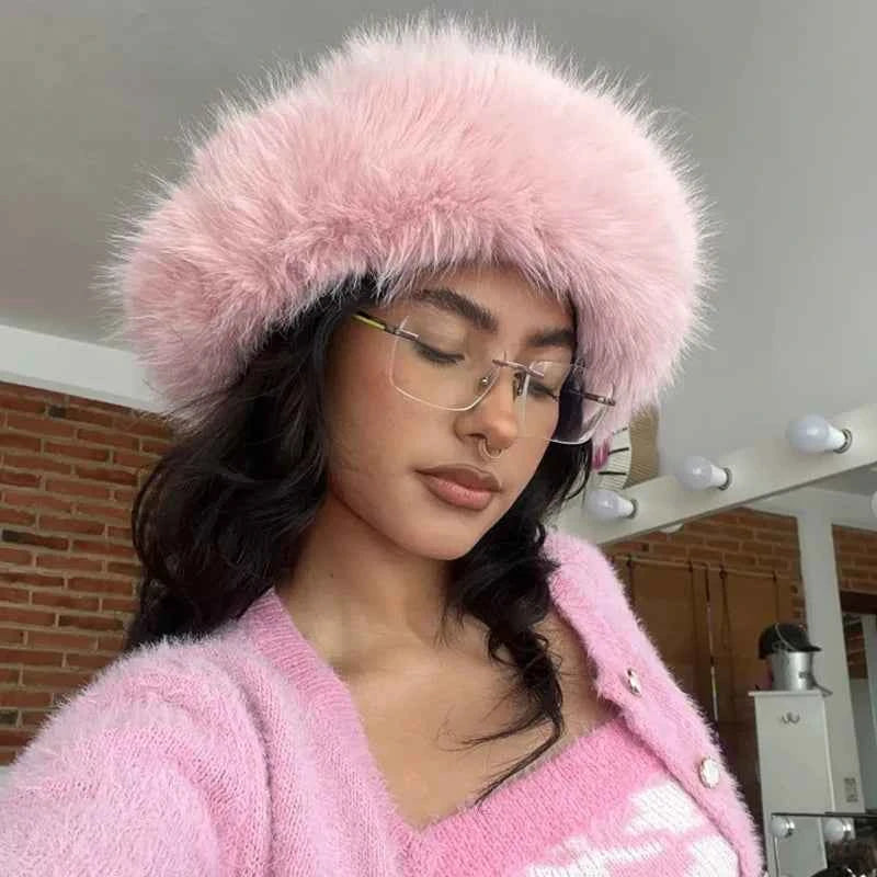 2025 Fluffy Faux Fur Bucket Hats Women Rabbit Fur Warm Thick Plush Winter Hat Lady Fashion Luxury Panama Furry Fisherman Cap Y2k