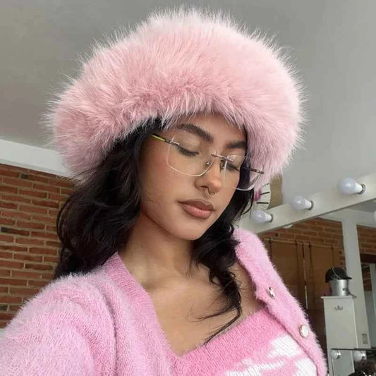 2025 Fluffy Faux Fur Bucket Hats Women Rabbit Fur Warm Thick Plush Winter Hat Lady Fashion Luxury Panama Furry Fisherman Cap Y2k