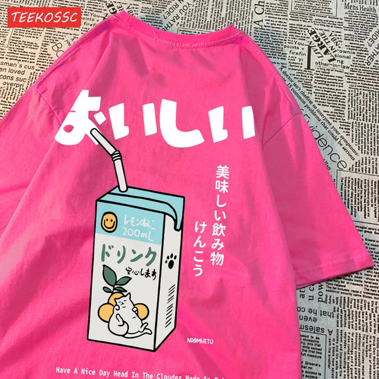 Cute Japanese Cat Print Oversized T-shirt Women Men Short Sleeve Loose Casual Tee Shirt Streetwear Tops Cotton Harajuku Clothing SS69 13.69 Rose Red / XL