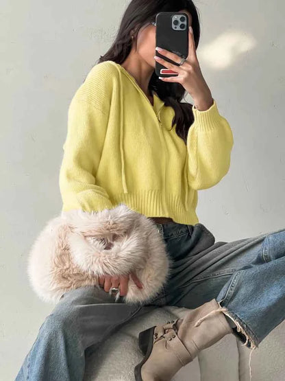 Autumn Knitted Women's Short Cardigan with Zipper Gray Winter Sweater Casual Cute Vintage White Cardigan for Women with Hood