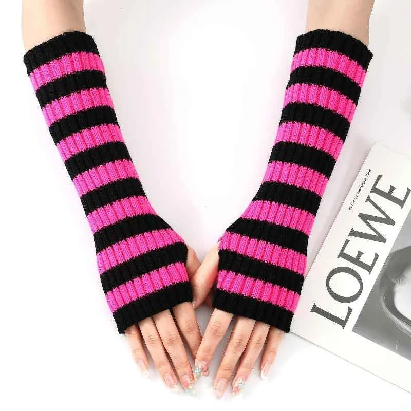 Women's Knitted Fingerless Arm Sleeves Gothic Style Striped Winter Long Arm Warmers Girls Harajuku Y2K Fashion Wrist Gloves