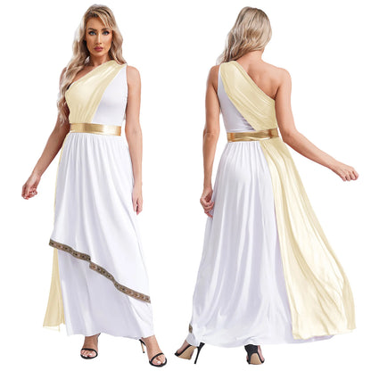 Womens Ancient Greek Princess Toga Goddesses Costume Grecian One Shoulder Chiffon Overlay Vintage Trim Tunic Dress Gown Dress