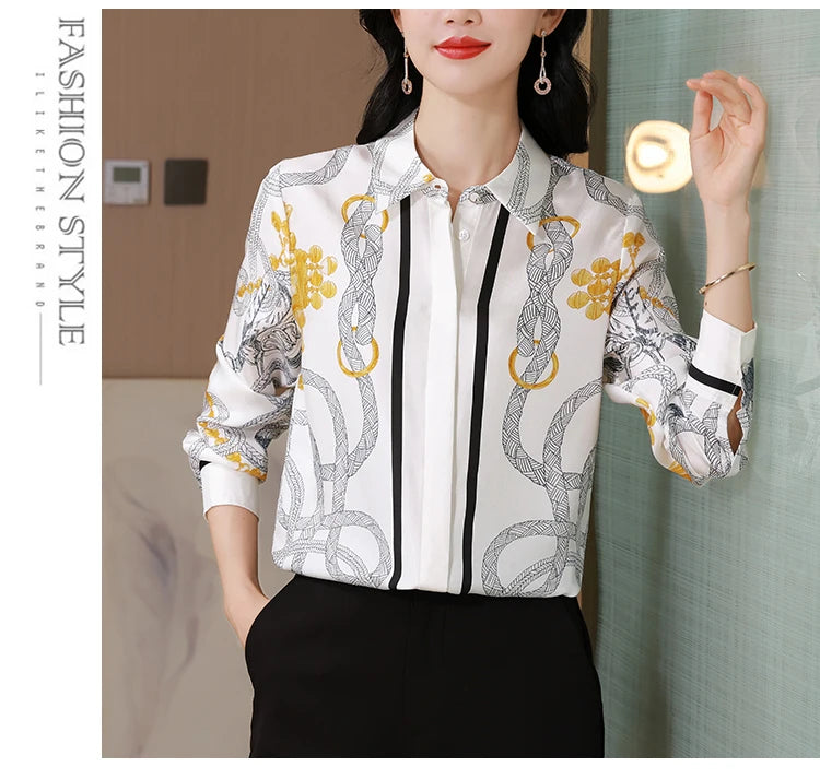 Camisas Newest Exclusive Women Luxury Shirt Long Sleeve Lapel Satin Shirt Old Money Print Brand Design Shirt OL Blouse руба
