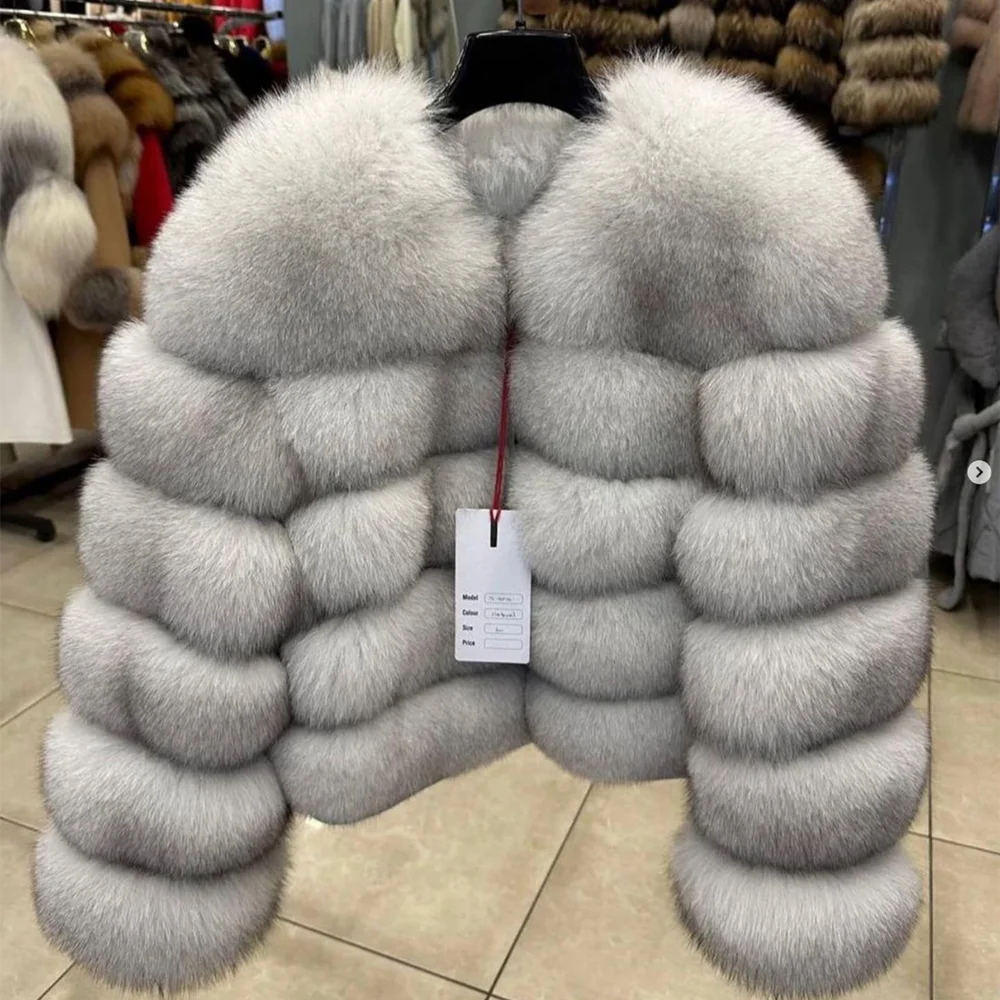 QUEENTINA Women's Real Fox Fur O-Neck Winter Coat - Brown