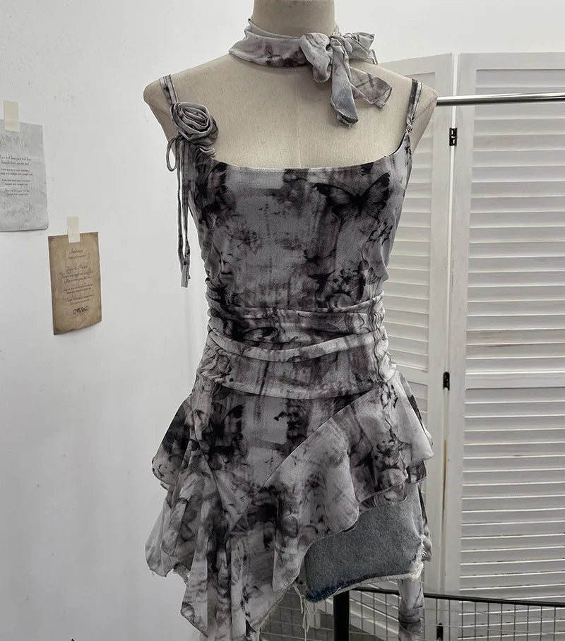 Women's Vintage Tie-dye Printed Mesh Spaghetti Strap Camisole Hot Girl Irregular Ruffled Ribbon Sleeveless Top Partyclub 1185
