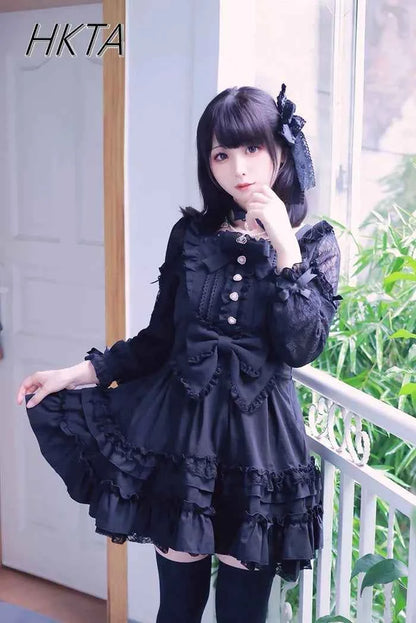 Japanese Liz Dresses Women Autumn New Girl's Sweet Cute Bud Mini Series Mass Production Angel Small Cake Dress Bow Lolita Dress
