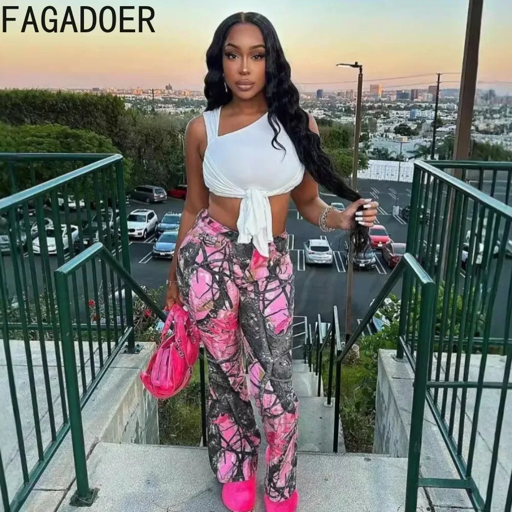 FAGADOER Pink Camouflage Print Pants Women Y2K Streetwear Button Pocket patchwork Straight Pants Hot girl Bottoms 2025 SS69