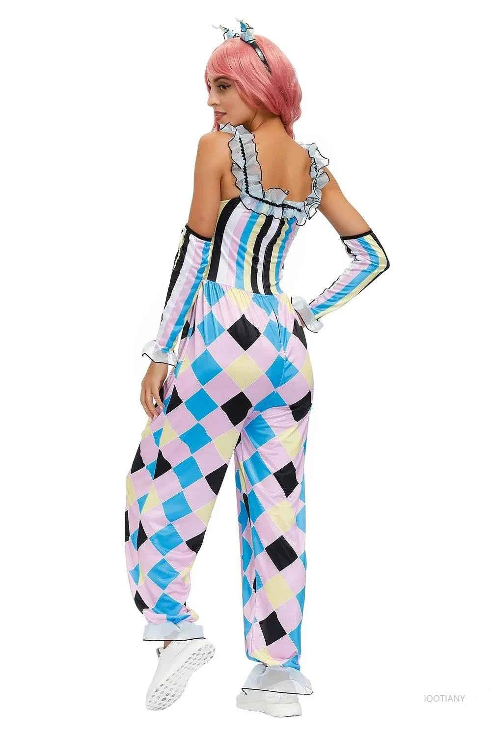 Women's Circus Clown Costume Naughty Clown Uniform Suitable For Halloween Adult Role Play Ice Silk Jumpsuit Magician Dress Up