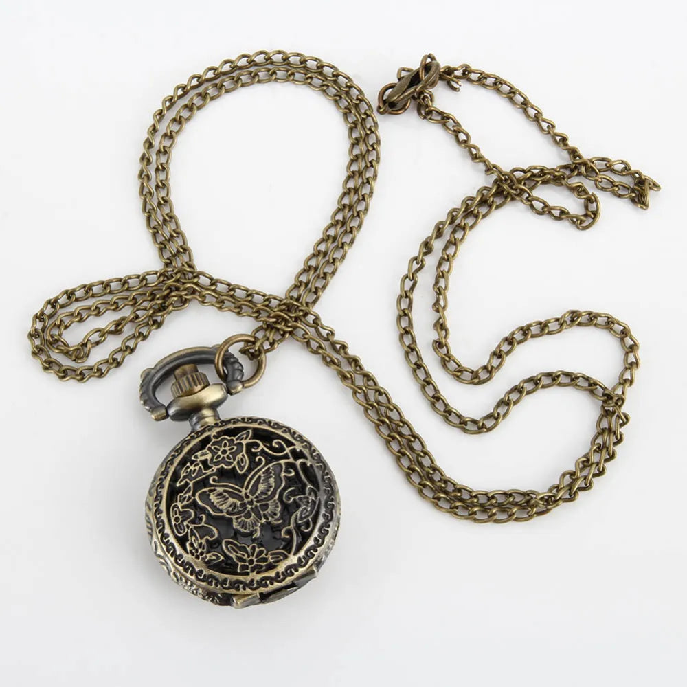 Fashion Women Quartz Pocket Watch Alloy Hollow Out  Butterflies Vintage Sweater Chain Necklace Pendant Clock Gifts SS69