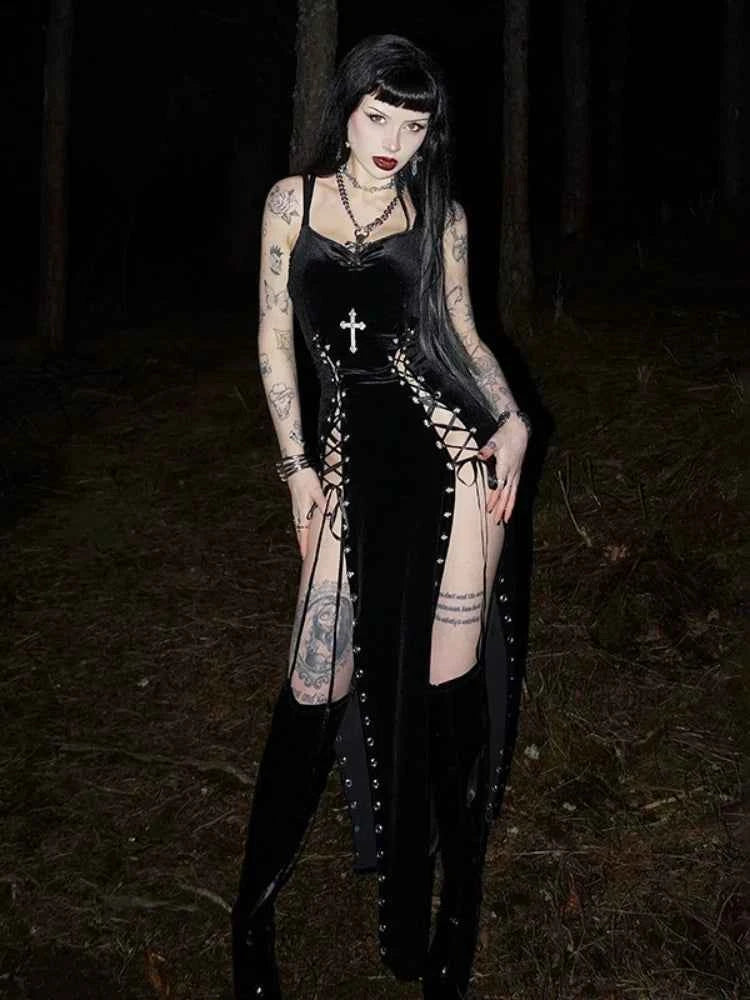 Punk Grunge High Split Hem Straps Dess 90s Streetwear Gown Women Sexy Corn Bandage Velvet Dresses Mall Gothic Clothing
