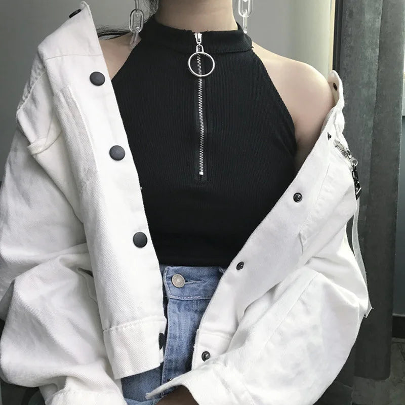 Retro Zipper Crop Tops Women Short Knitted Camisole Sleeveless Leisure Tank Top Camis Summer 2022 New SS69