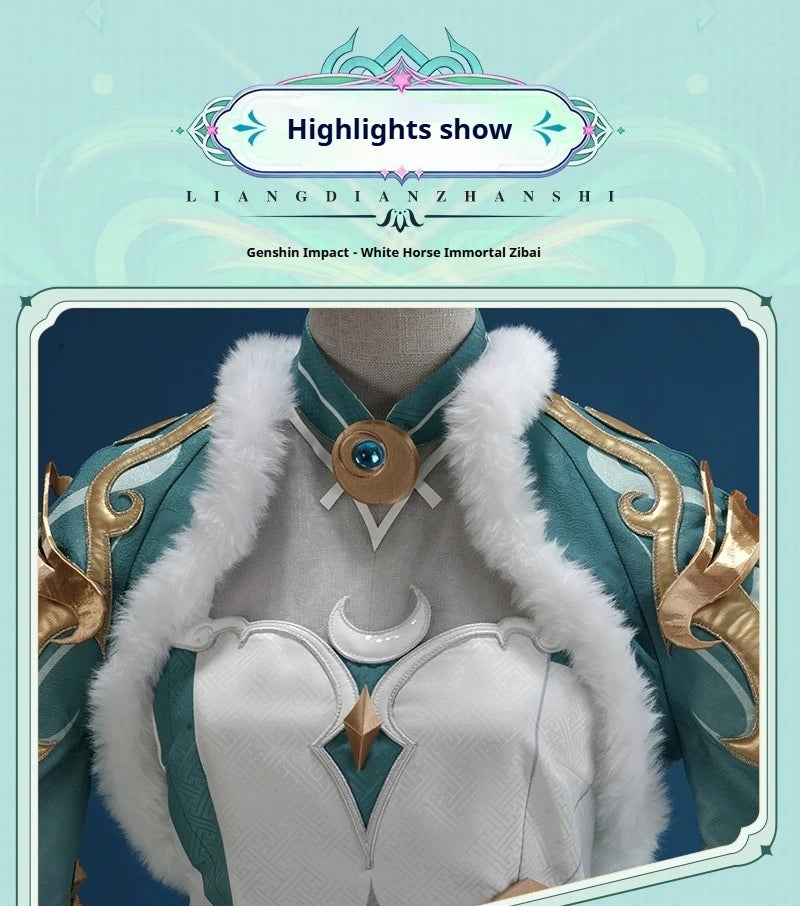 Genshin Impact Zibai Cosplay Costume Set: Exquisite Elegant White Qipao with Socks,Accessories Wig Party Comic Con Performance