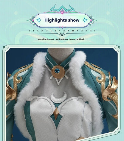 Genshin Impact Zibai Cosplay Costume Set: Exquisite Elegant White Qipao with Socks,Accessories Wig Party Comic Con Performance