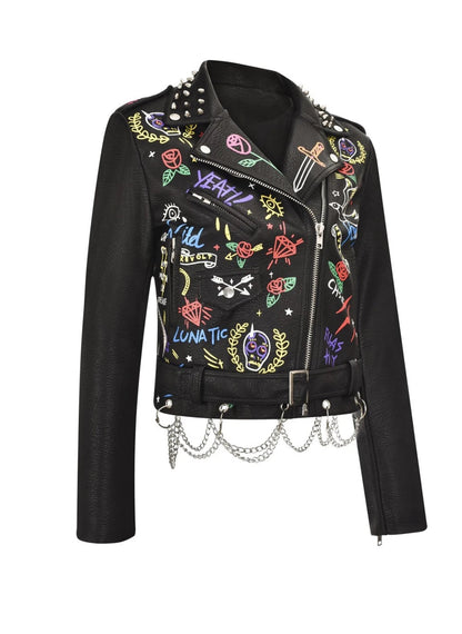Fashion chain beading leather jacket Locomotive graffiti cartoon pu Leather Jacket female Punk Motorcyle Jacket with belt F2161 SS69