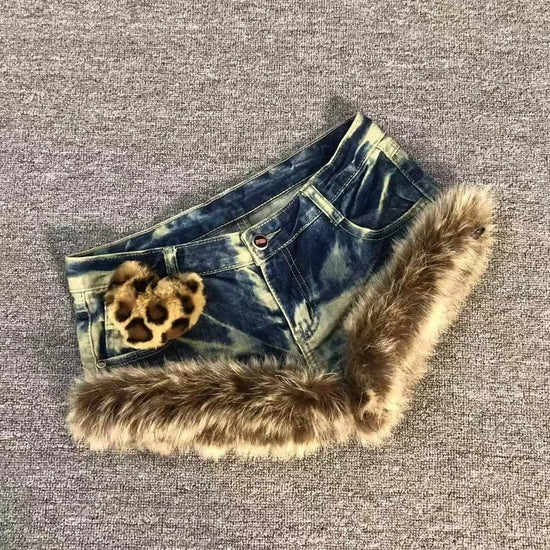 New American Y2k Retro Brown Hair Spliced shorts Trendy Old Hot Girl Low Waist Jeans Vintage Hip-hop Street Clothing Women SS69