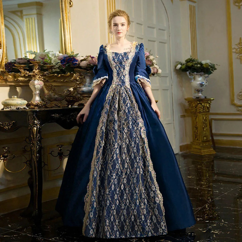 18th Century Medieval Women High Waist Half Sleeve Ball Gowns Princess Lace Patchwork Satin Dress Queen Renaissance Costume SS69 36.69 Navy Blue / XXL / cosplay costume
