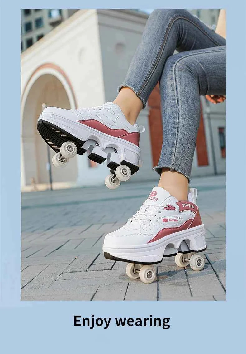 Deformation Shoes Roller Sneakers With 4 Wheels Skates Adult Kids Runaway Parkour Wheels Shoes For Women Men Youth Sport Shoes