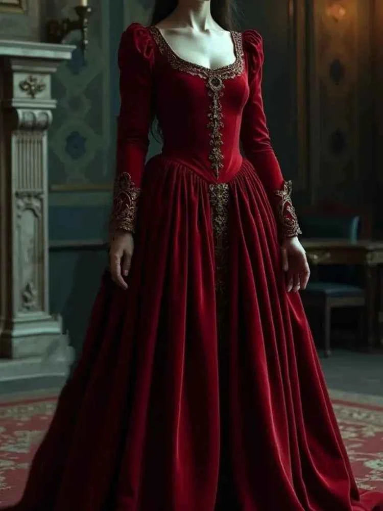 Vintage Baroque Evening Dresses Scoop Neckline Long Sleeves Satin Renaissance Prom Occasion Gown Masquerade Costume Customized