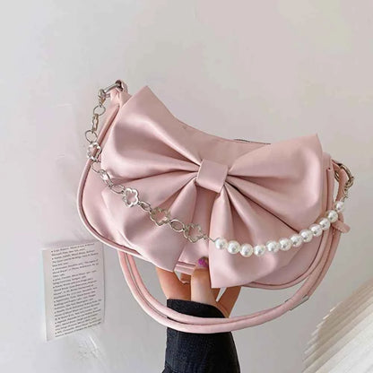 Trendy Pearl Bow Shoulder Bag Underarm Bag Daily Commuting Bag Casual Handbag Solid Business Women's Bag
