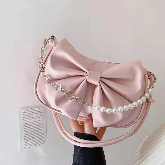 Trendy Pearl Bow Shoulder Bag Underarm Bag Daily Commuting Bag Casual Handbag Solid Business Women's Bag