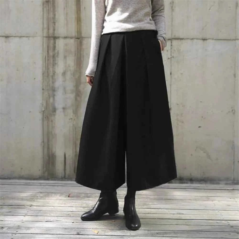 Loose Woolen Wide Leg Skirts Pants Women Pleated Casual Pants Winter Autumn Straight Trousers Elastic High Waist Fat Leg Pants
