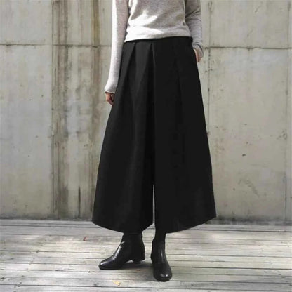 Loose Woolen Wide Leg Skirts Pants Women Pleated Casual Pants Winter Autumn Straight Trousers Elastic High Waist Fat Leg Pants