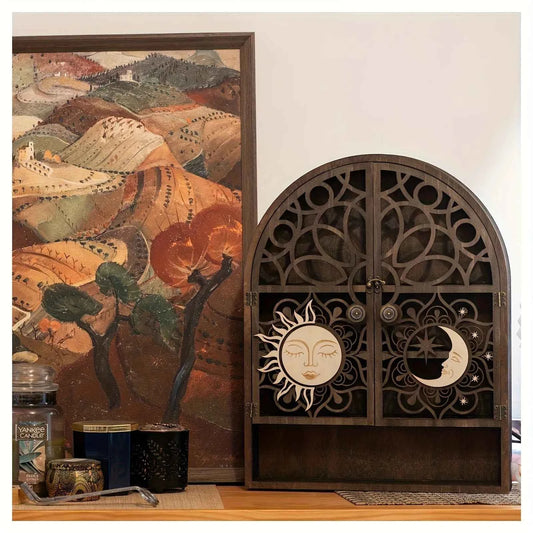 Vintage Wooden Floating Shelves With Sun And Moon Design, Wall Hanging Storage For Crystals,  For Various Room Types