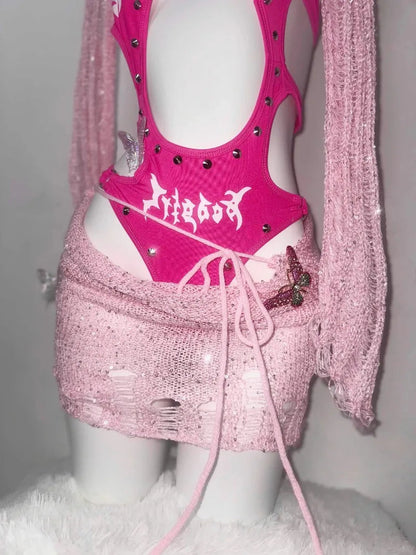 Original Barbie Powder Flash Three-dimensional Rivet-cut Onesie Tattered Wool Knitted Skirt Spice Girl For Suit SS69