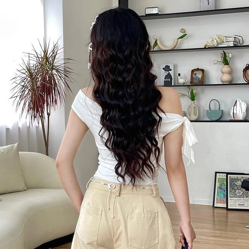 Casual Top Women'S Summer Ins Style New Shrink Pleated One-Shoulder Crop Top Backless Twist Tie Asymmetric T-Shirt SS69