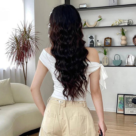 Casual Top Women'S Summer Ins Style New Shrink Pleated One-Shoulder Crop Top Backless Twist Tie Asymmetric T-Shirt SS69