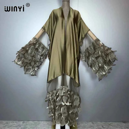 WINYI Catwalk sexy Kimono Women elegant coat Long Sleeve Cardigan abaya dubai luxury beachwear Cover Up dress holiday Caftan