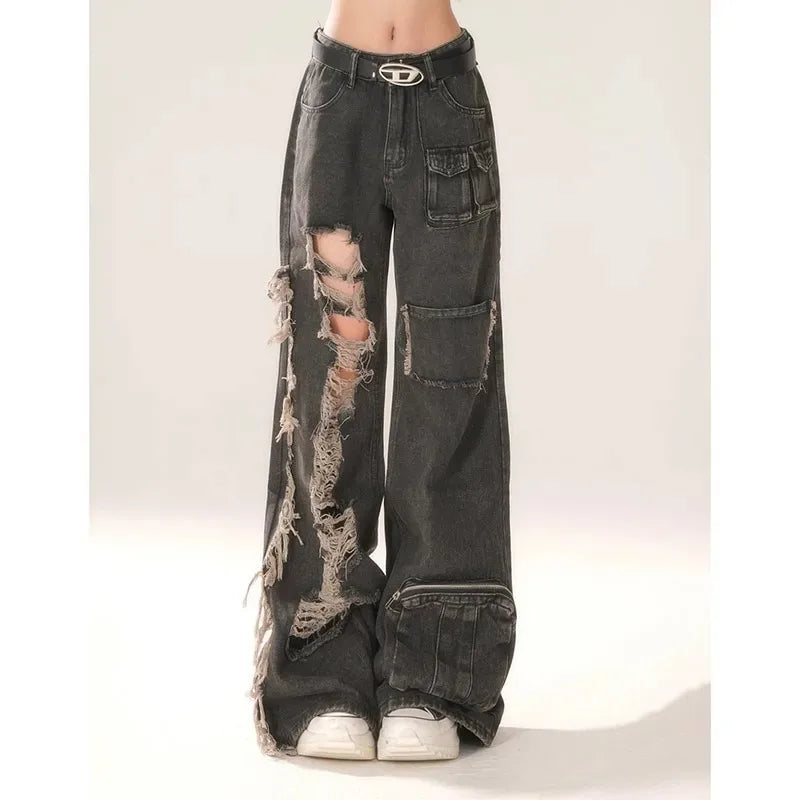 High Waist Ripped Women's Black Jeans Hip-hop Style Fashion Vintage Streetwear Y2K Wide Leg Jean Trouser Baggy Denim Pants SS69 53.69 black / XXL
