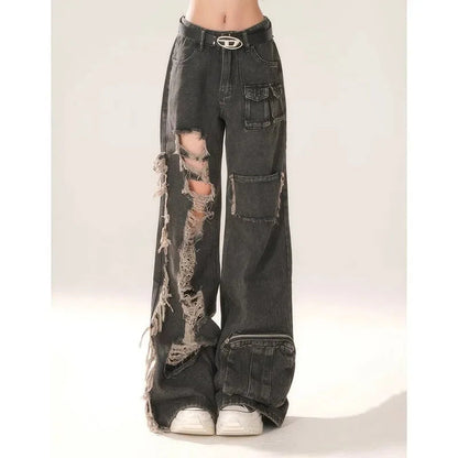 High Waist Ripped Women's Black Jeans Hip-hop Style Fashion Vintage Streetwear Y2K Wide Leg Jean Trouser Baggy Denim Pants SS69 53.69 black / XXL
