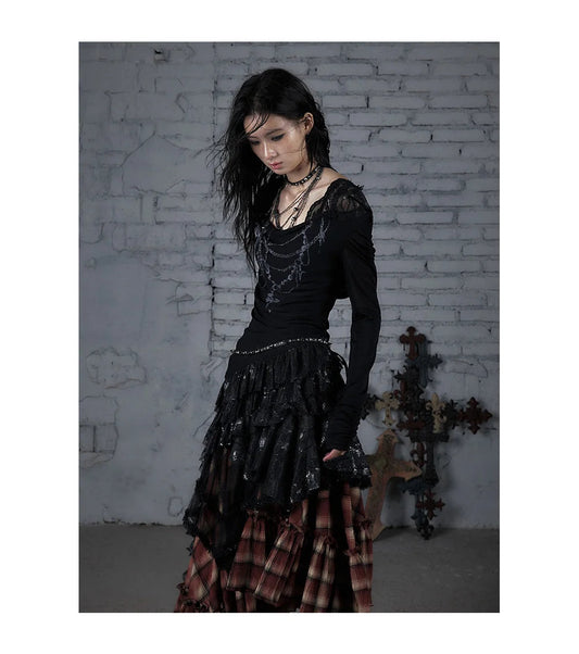 NO ROMANCE Fairy Sexy Punk Printing Half Transparent Lace Patch Knitted Long Sleeve Hooded Dresses Rock Gothic Design Vestidos SS69