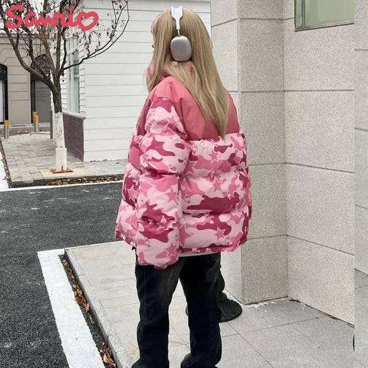 Sanrio Y2K Hello Kitty Winter Women Camouflage Down Jacket Thicken Coat Anime Kawaii Warm Cotton Clothes Tops Girl Student Loose SS69