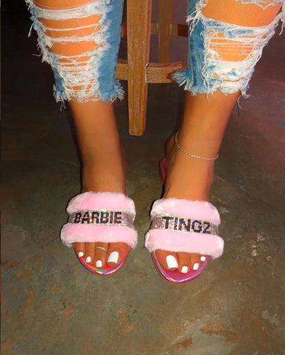 Women's Crystal Sandals Flat Heel Sandals fur Rhinestone Ladies Summer Shoes Women Flip Flops Beach Sandals For Woman Size 35-43 SS69